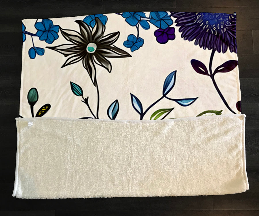 Blue Floral Botanical Pattern Fleece Sherpa Blanket