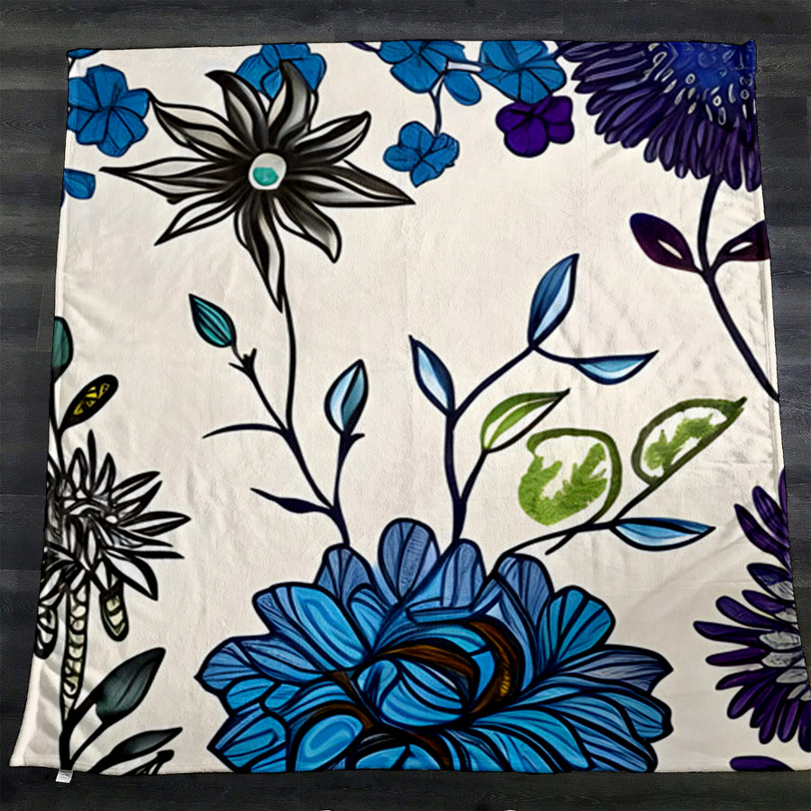 Blue Floral Botanical Pattern Fleece Sherpa Blanket