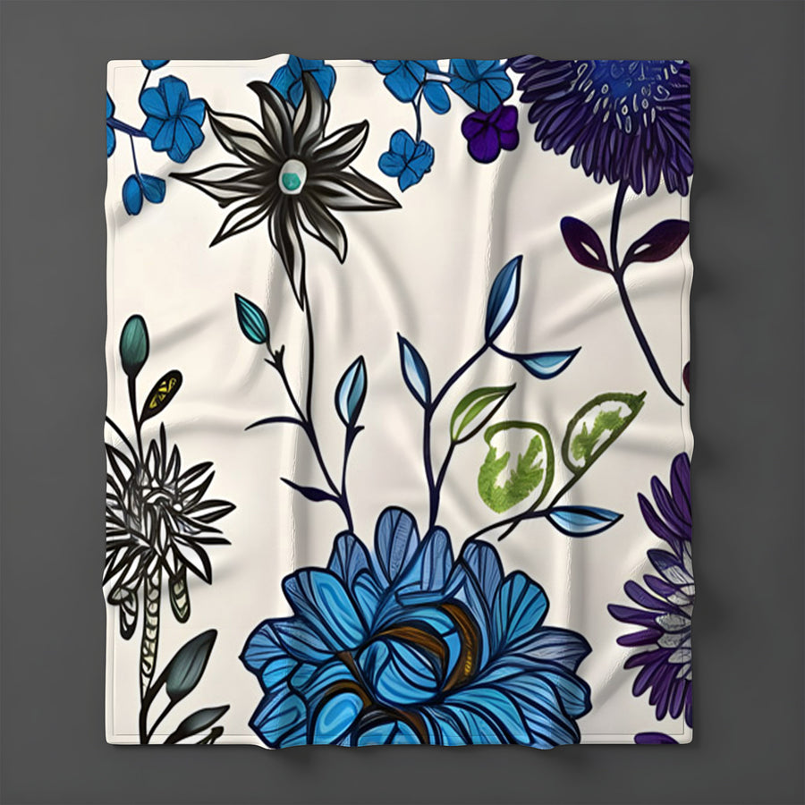 Blue Floral Botanical Pattern Fleece Sherpa Blanket