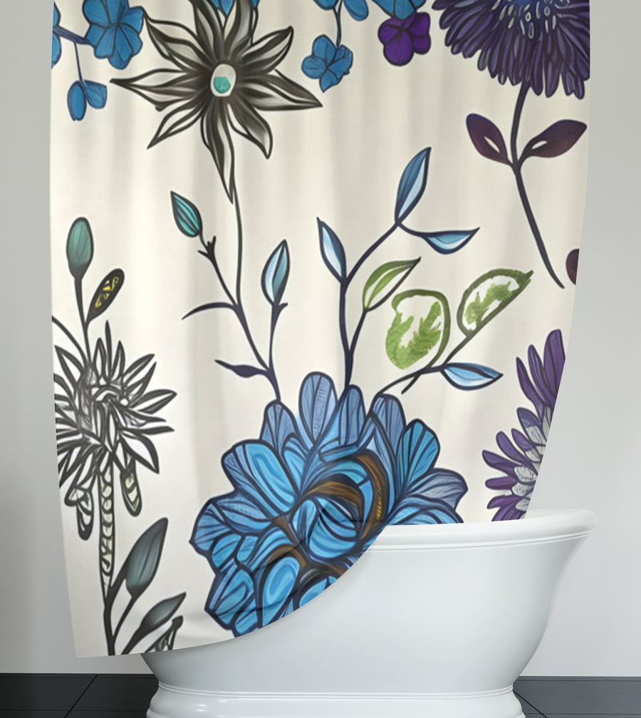 Blue Floral Botanical Pattern Shower Curtain