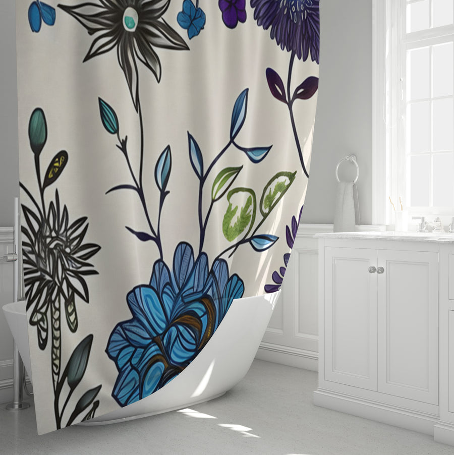 Blue Floral Botanical Pattern Shower Curtain