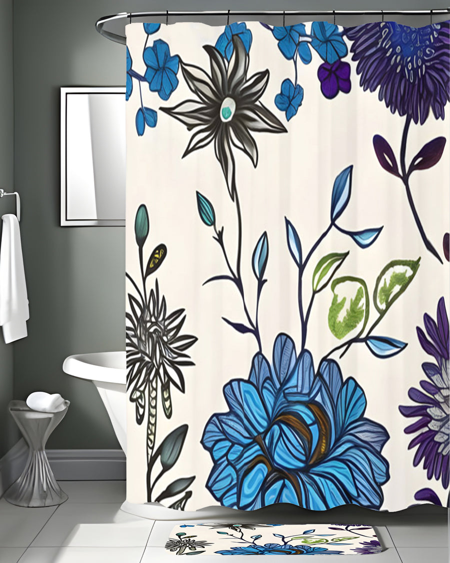 Blue Floral Botanical Pattern Shower Curtain