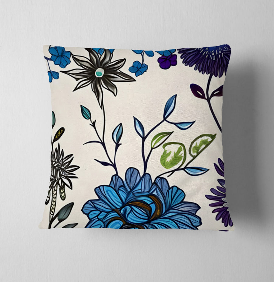 Blue Floral Botanical Pattern Throw Pillow Cover
