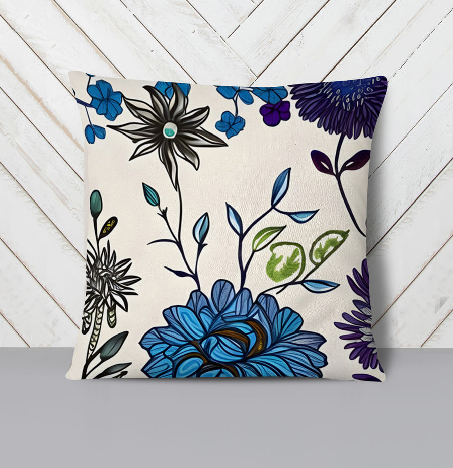 Blue Floral Botanical Pattern Throw Pillow Cover