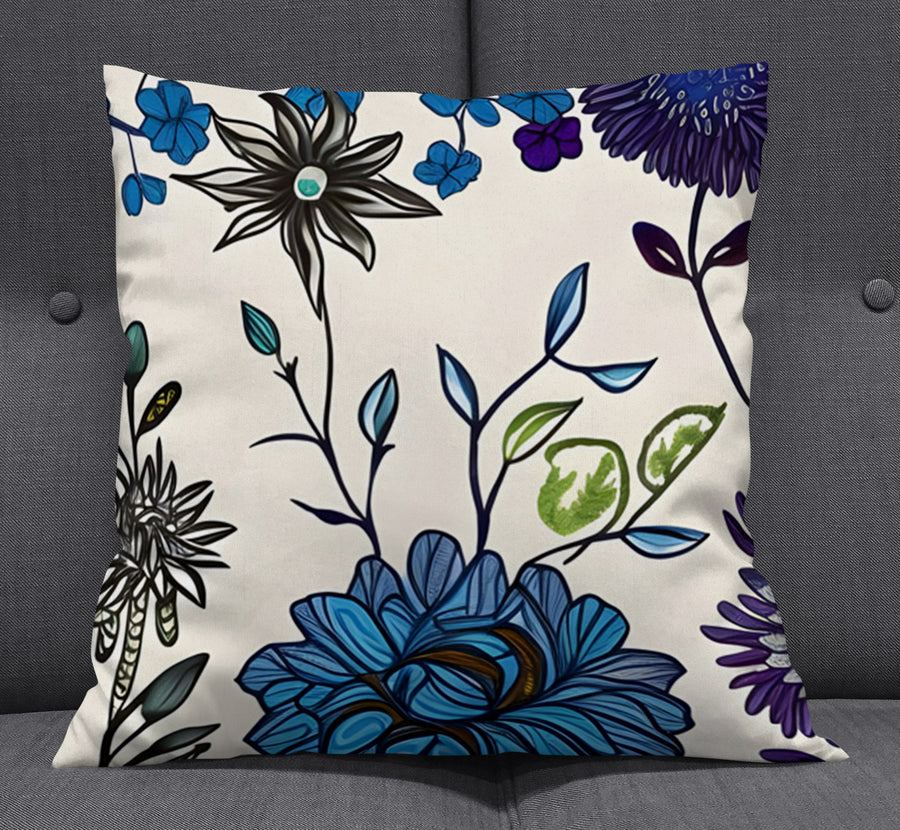 Blue Floral Botanical Pattern Throw Pillow Cover