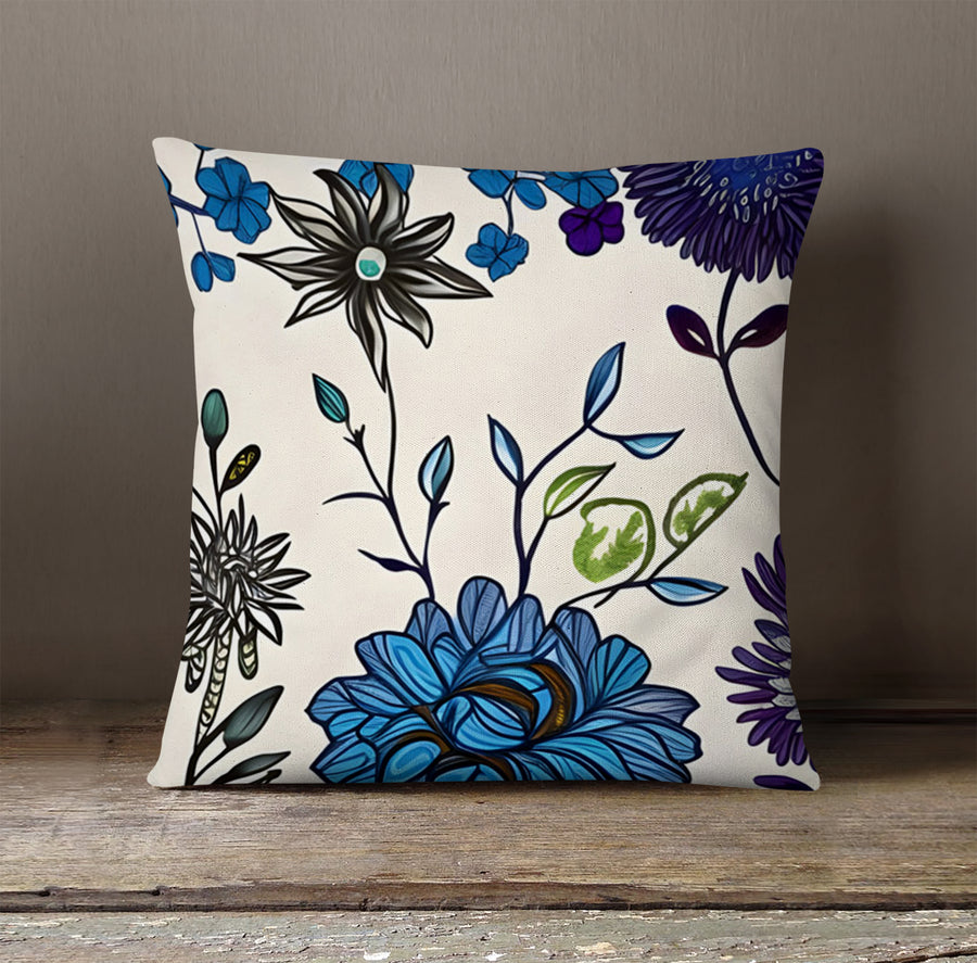 Blue Floral Botanical Pattern Throw Pillow Cover