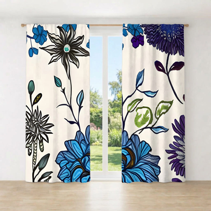 Blue Floral Botanical Pattern Window Curtains