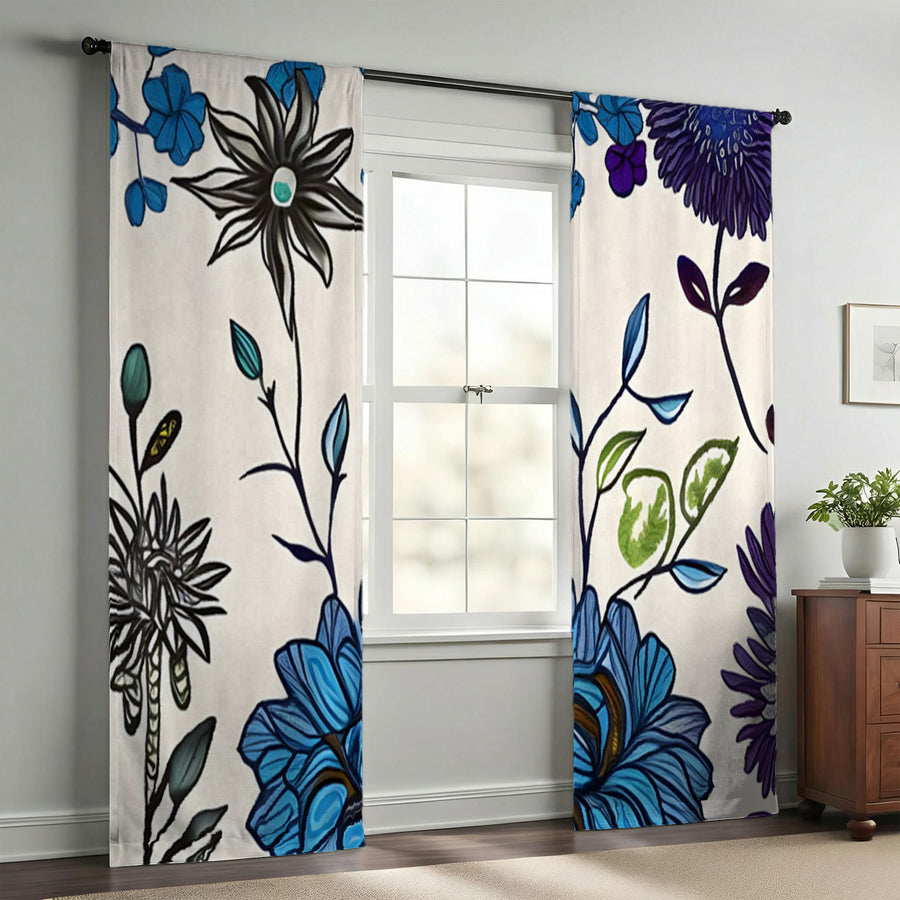 Blue Floral Botanical Pattern Window Curtains
