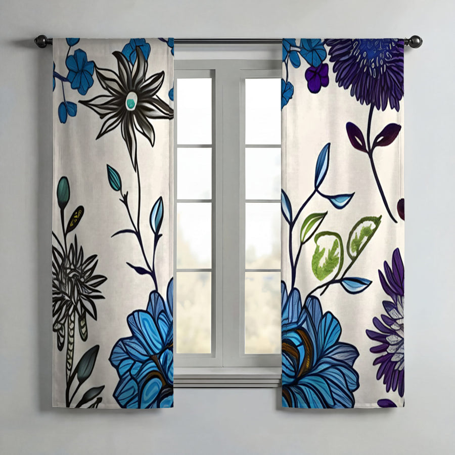 Blue Floral Botanical Pattern Window Curtains