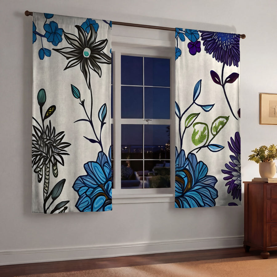 Blue Floral Botanical Pattern Window Curtains