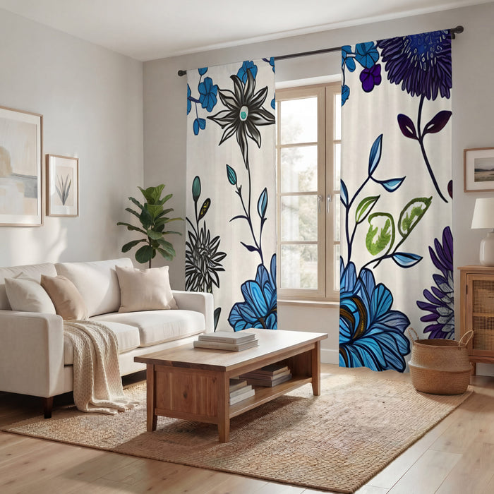 Blue Floral Botanical Pattern Window Curtains