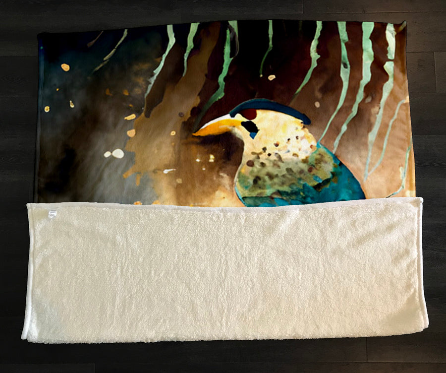 Blue Bird Forest Artwork Fleece Sherpa Blanket