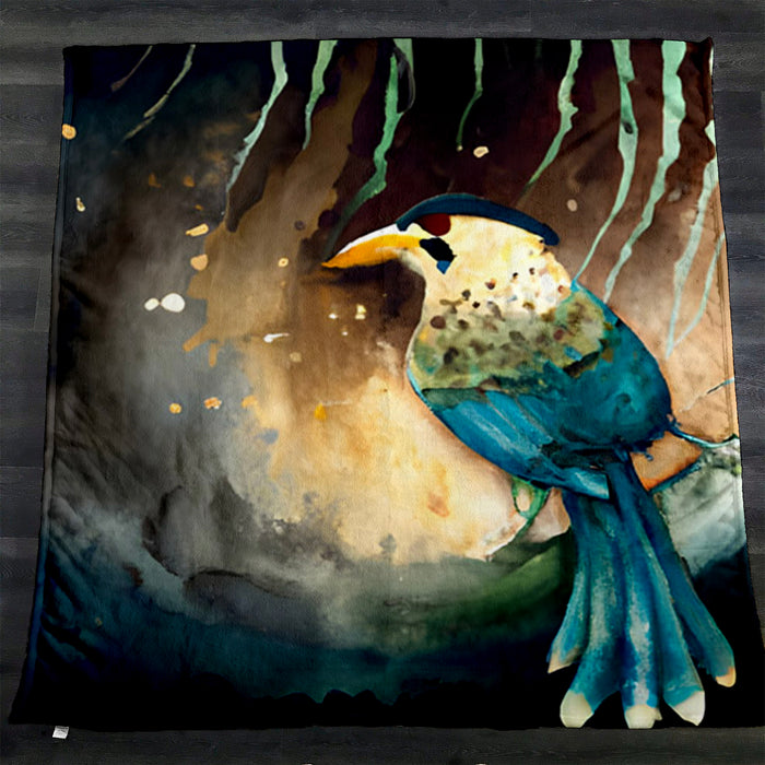 Blue Bird Forest Artwork Fleece Sherpa Blanket