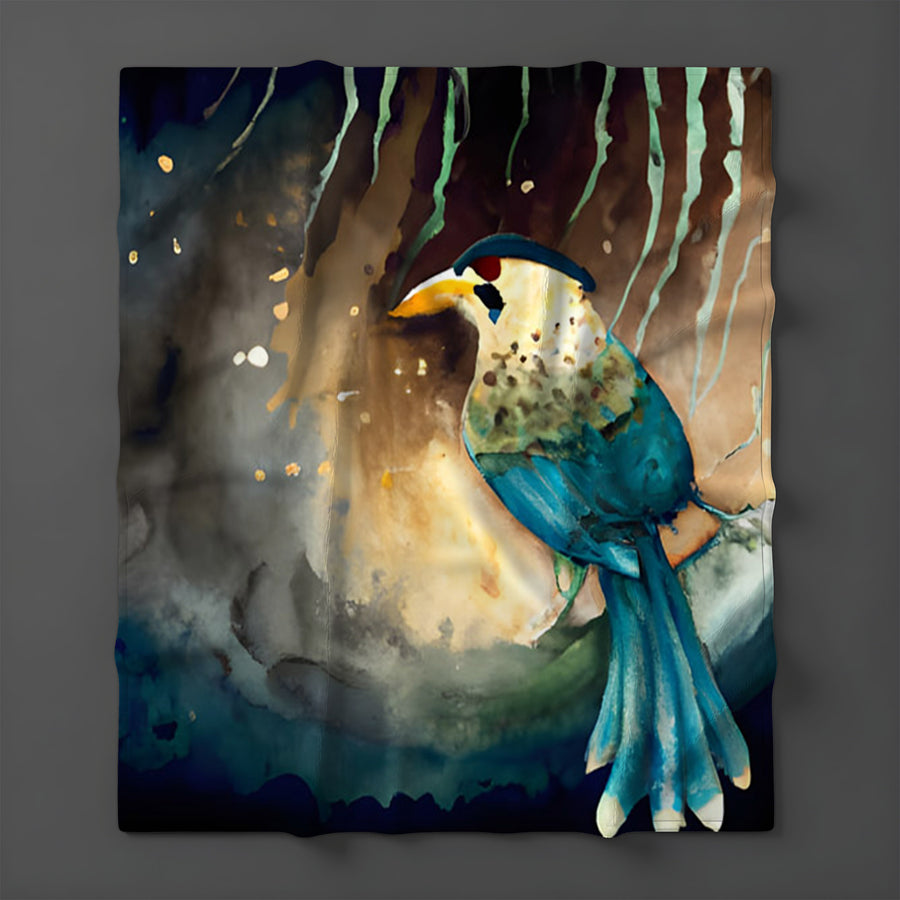 Blue Bird Forest Artwork Fleece Sherpa Blanket