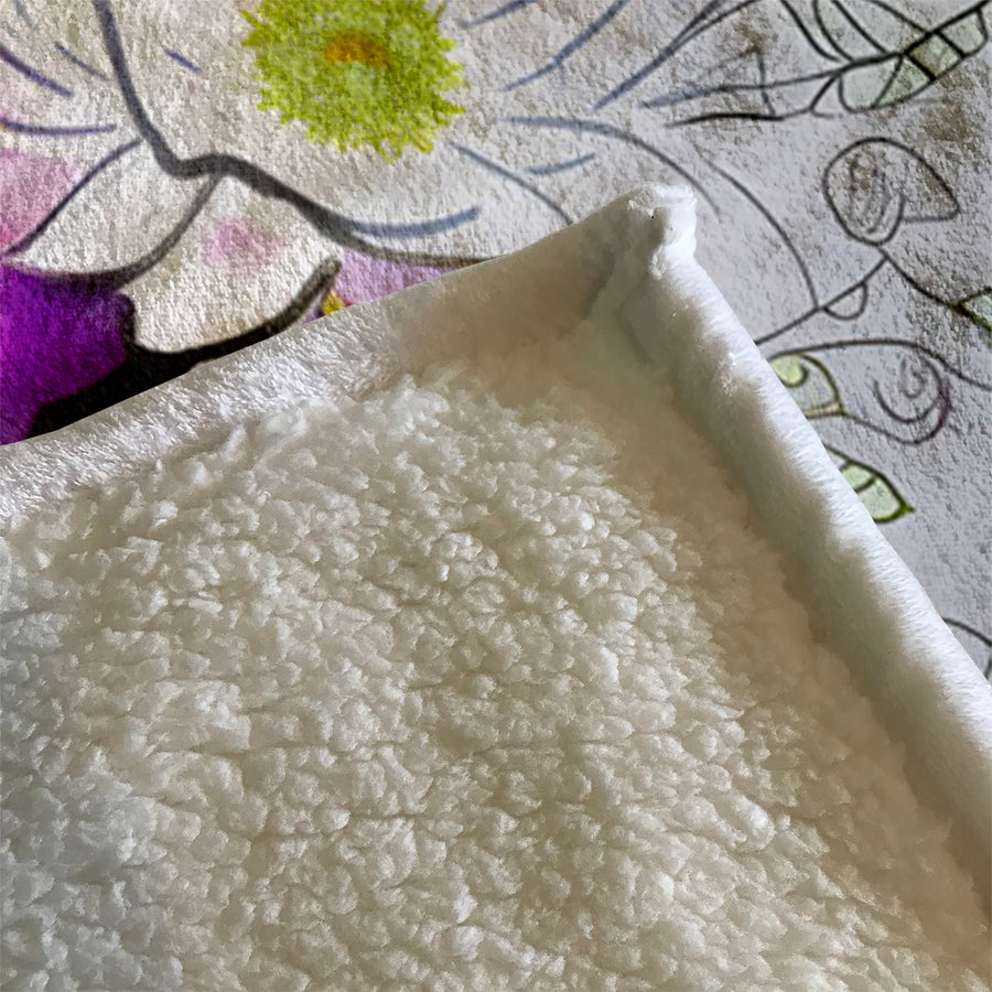 Purple Floral Botanical Artwork Fleece Sherpa Blanket