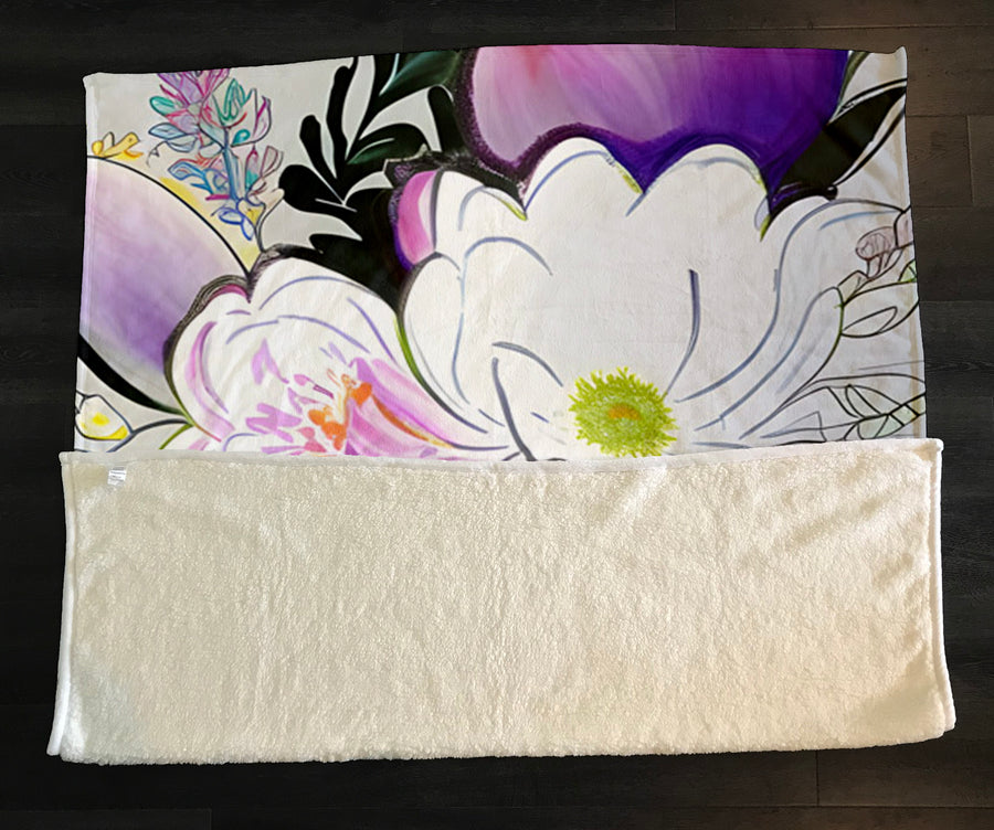 Purple Floral Botanical Artwork Fleece Sherpa Blanket