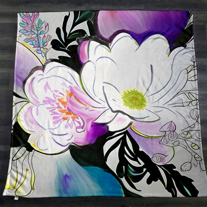 Purple Floral Botanical Artwork Fleece Sherpa Blanket