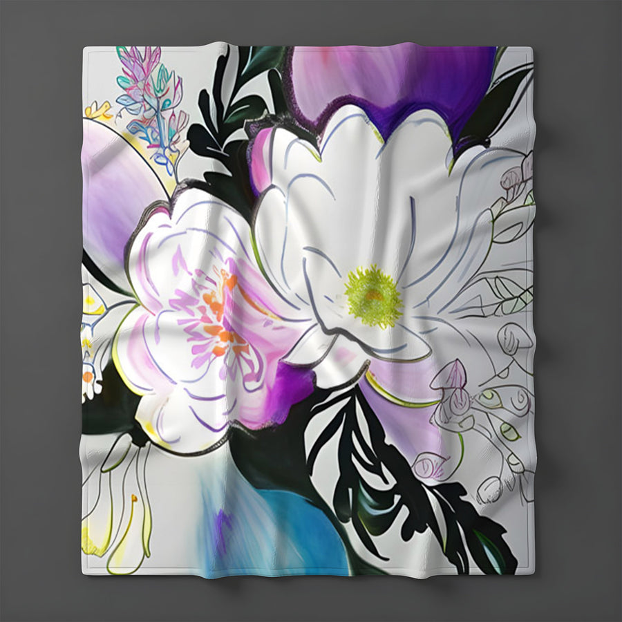 Purple Floral Botanical Artwork Fleece Sherpa Blanket