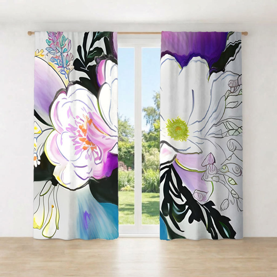 Purple Floral Botanical Artwork Window Curtains