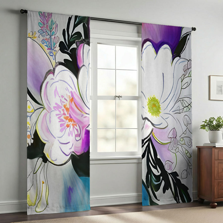 Purple Floral Botanical Artwork Window Curtains