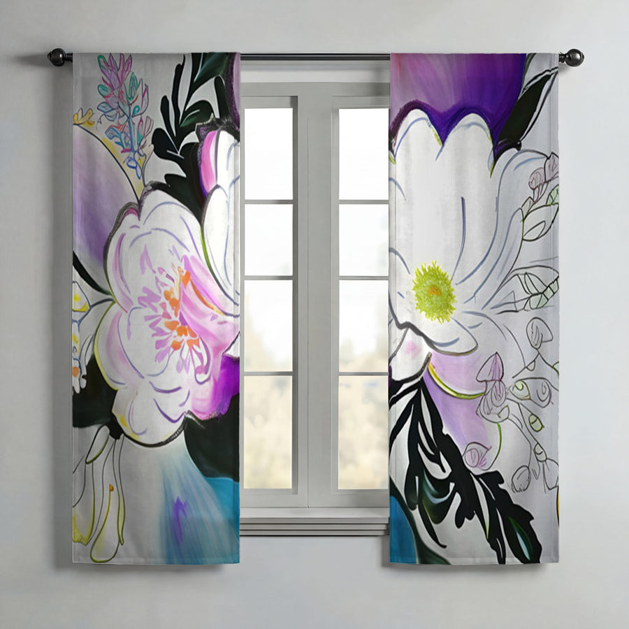 Purple Floral Botanical Artwork Window Curtains
