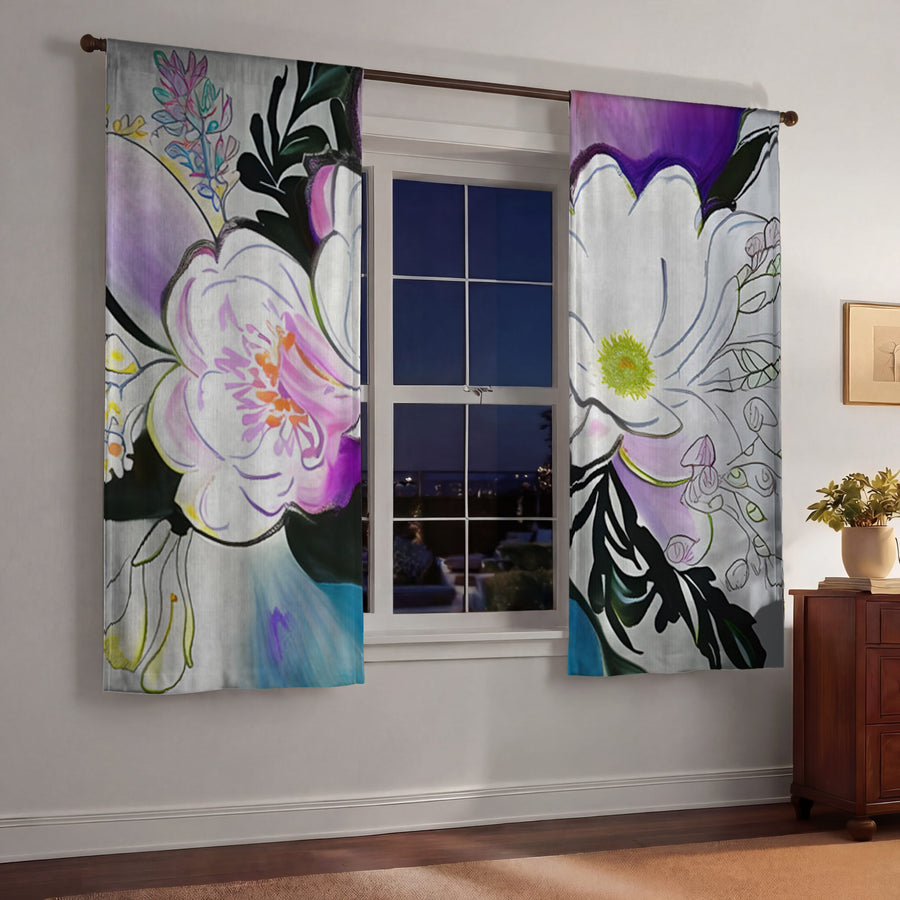 Purple Floral Botanical Artwork Window Curtains