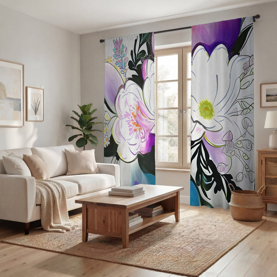 Purple Floral Botanical Artwork Window Curtains