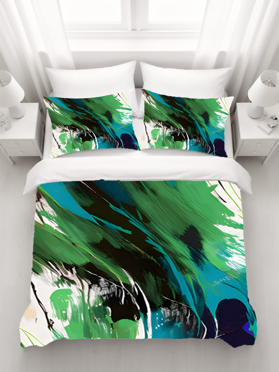 Green Brushstroke Abstract Pattern Duvet Cover