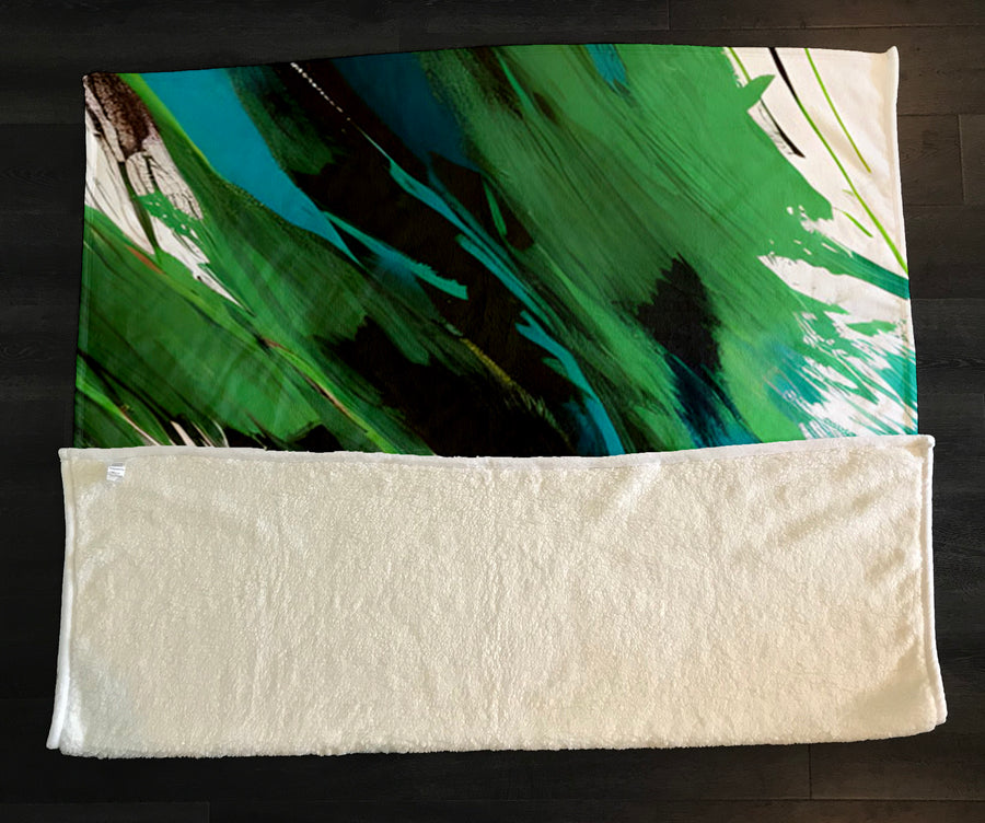 Green Brushstroke Abstract Pattern Fleece Sherpa Blanket