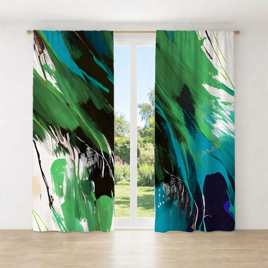 Green Brushstroke Abstract Pattern Window Curtains