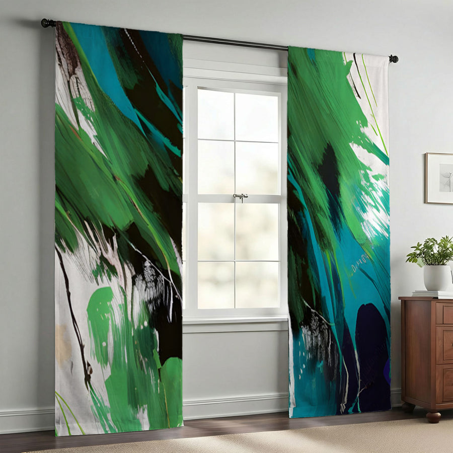 Green Brushstroke Abstract Pattern Window Curtains