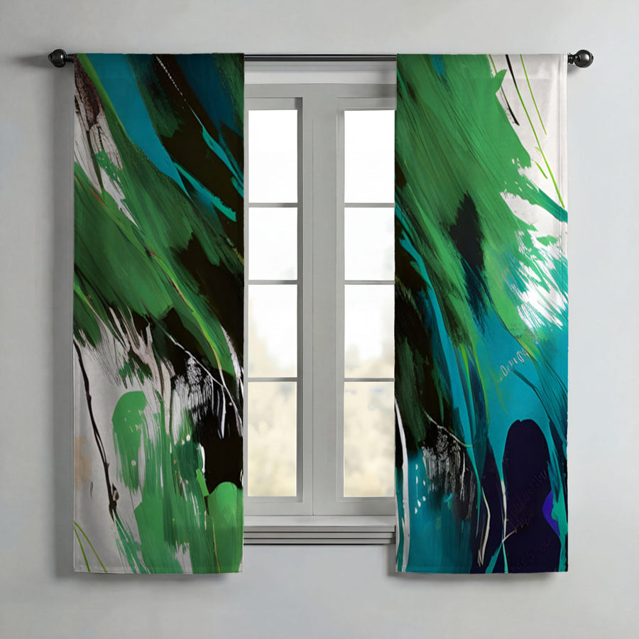 Green Brushstroke Abstract Pattern Window Curtains