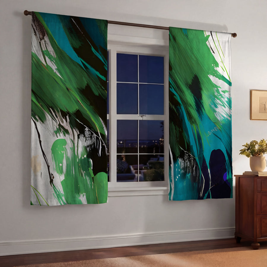 Green Brushstroke Abstract Pattern Window Curtains