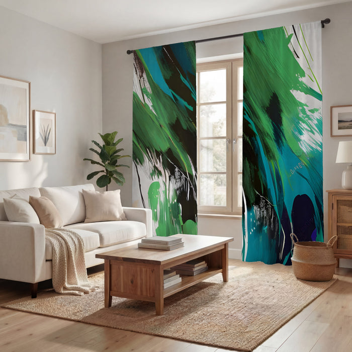 Green Brushstroke Abstract Pattern Window Curtains