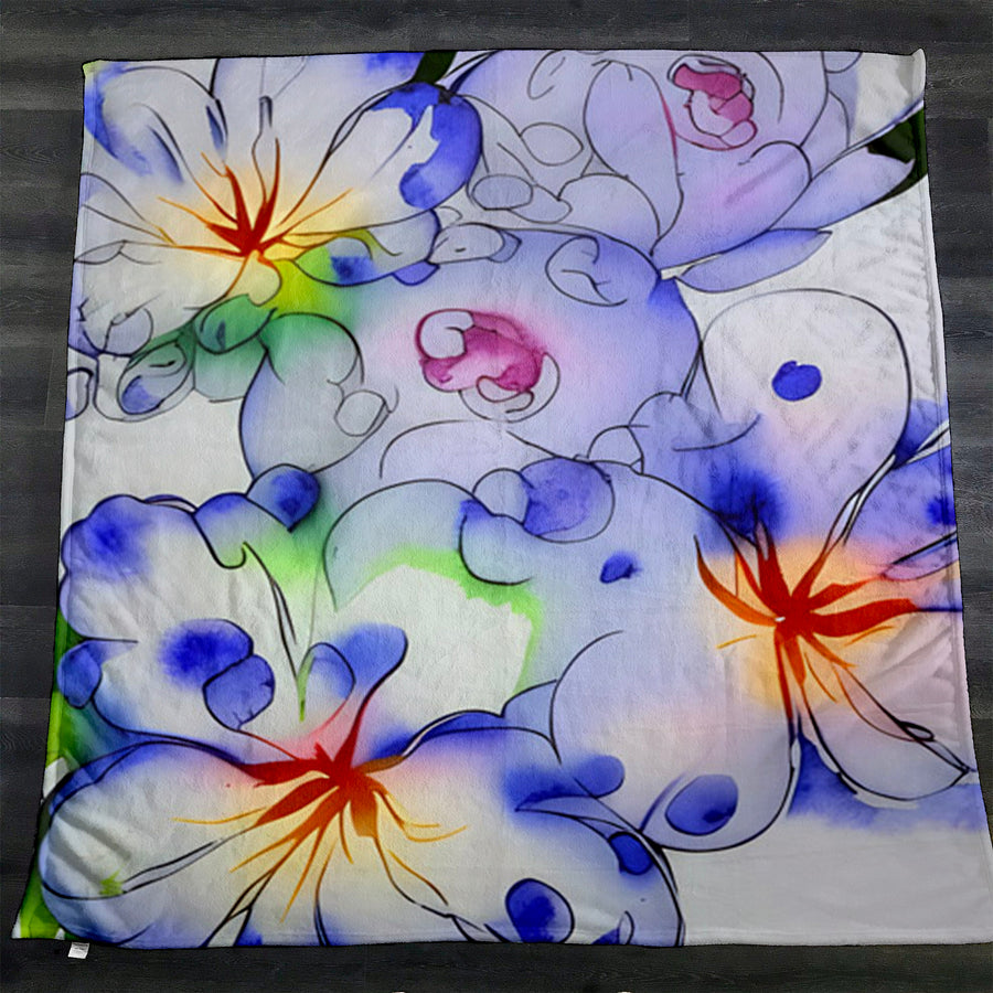 Purple Watercolor Floral Pattern Fleece Sherpa Blanket