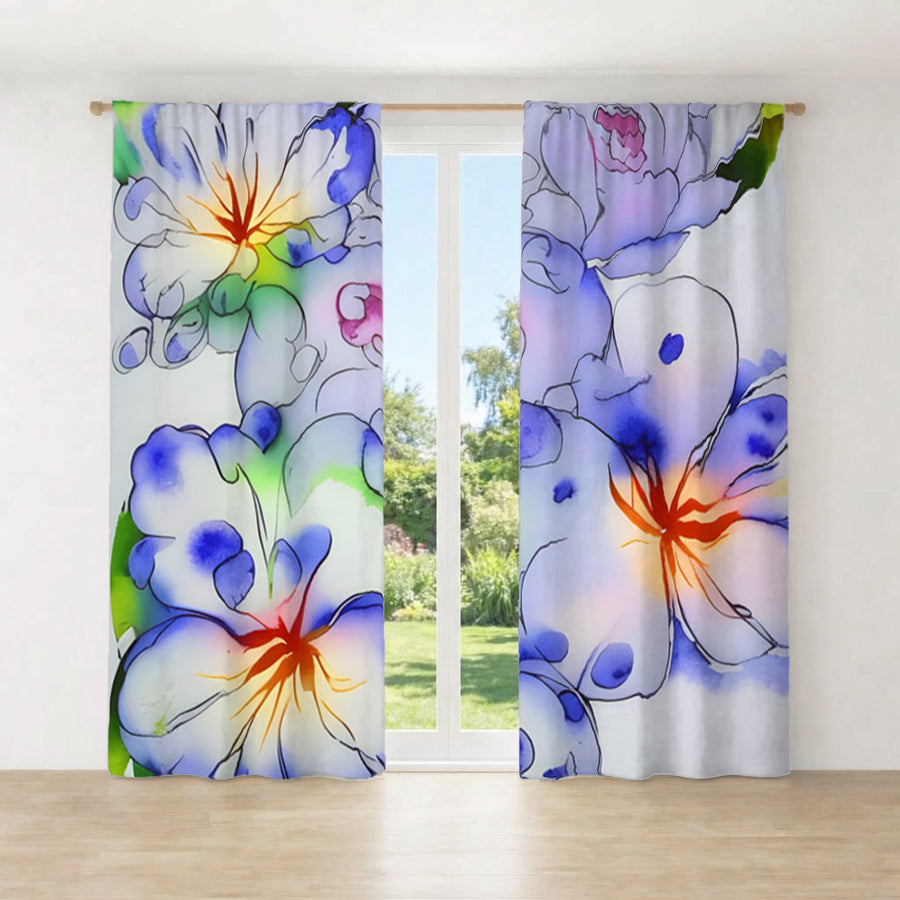 Purple Watercolor Floral Pattern Window Curtains