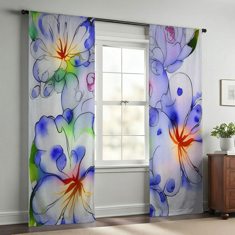 Purple Watercolor Floral Pattern Window Curtains