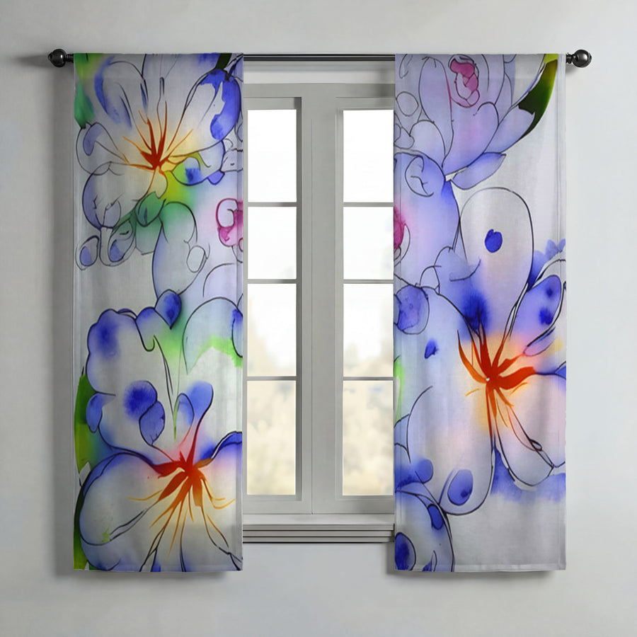 Purple Watercolor Floral Pattern Window Curtains
