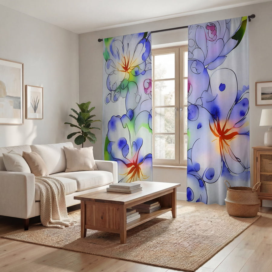 Purple Watercolor Floral Pattern Window Curtains