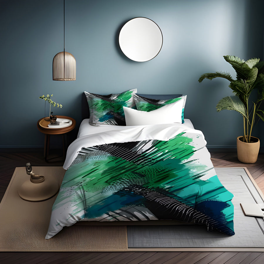 Green and Black Brushstroke Abstract Pattern Duvet Cover