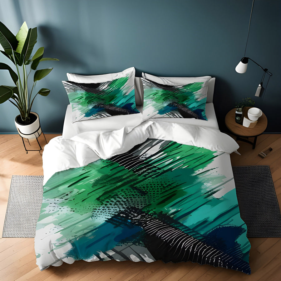 Green and Black Brushstroke Abstract Pattern Duvet Cover