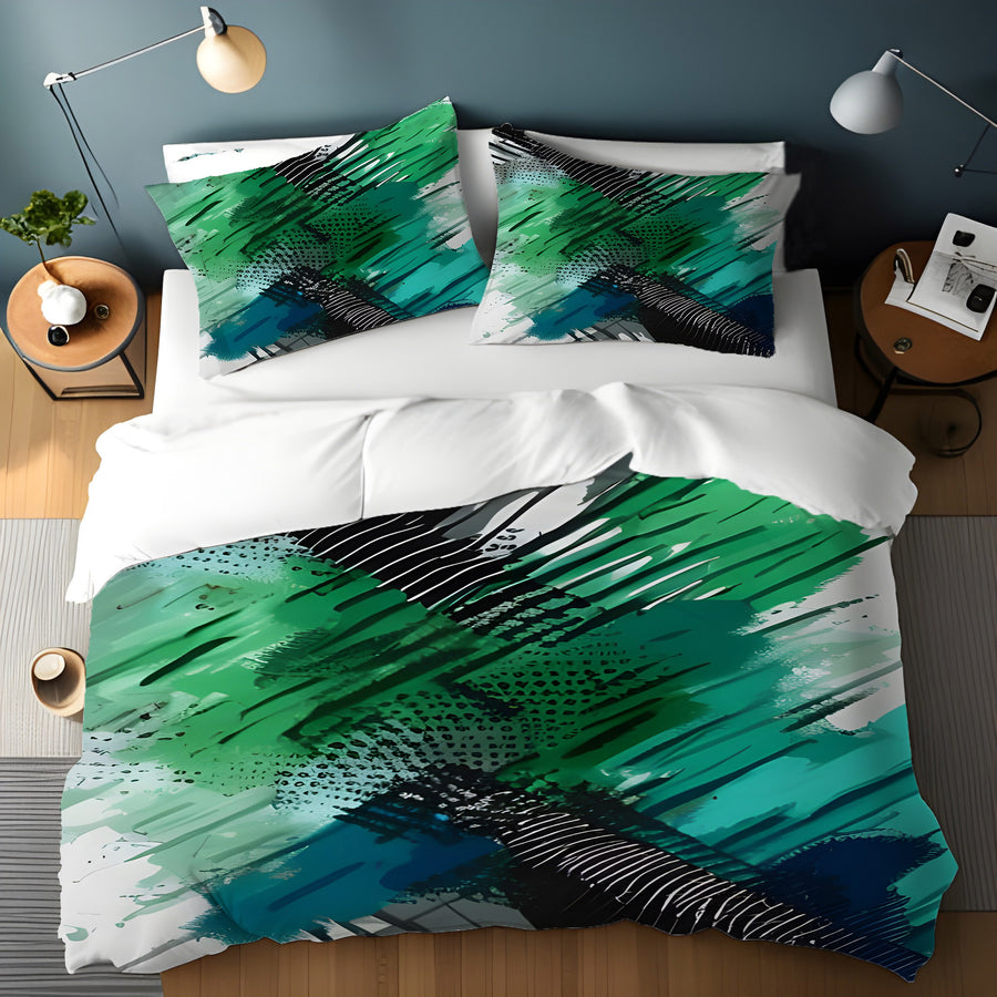 Green and Black Brushstroke Abstract Pattern Duvet Cover