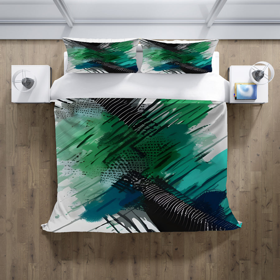 Green and Black Brushstroke Abstract Pattern Duvet Cover