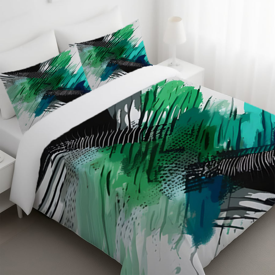 Green and Black Brushstroke Abstract Pattern Duvet Cover