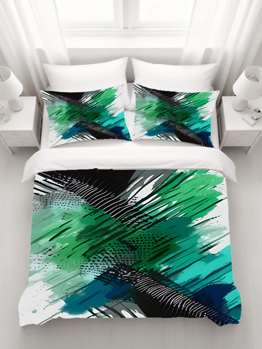 Green and Black Brushstroke Abstract Pattern Duvet Cover