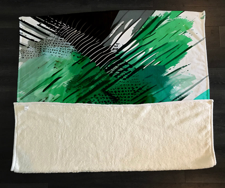 Green and Black Brushstroke Abstract Pattern Fleece Sherpa Blanket