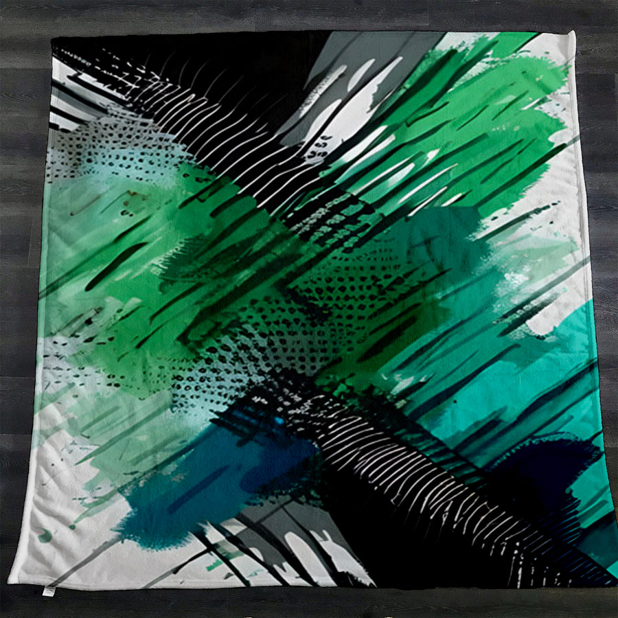 Green and Black Brushstroke Abstract Pattern Fleece Sherpa Blanket