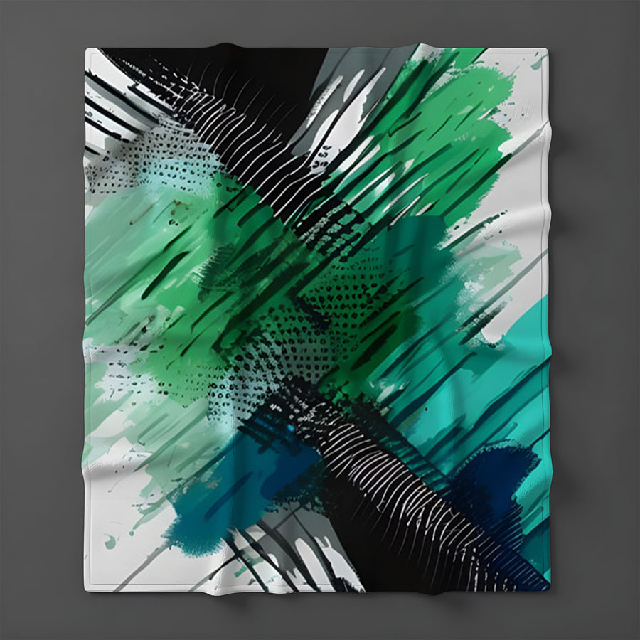 Green and Black Brushstroke Abstract Pattern Fleece Sherpa Blanket