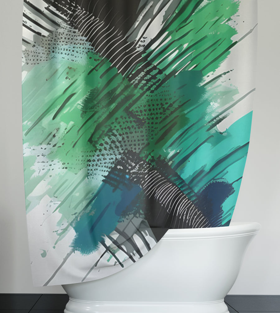 Green and Black Brushstroke Abstract Pattern Shower Curtain