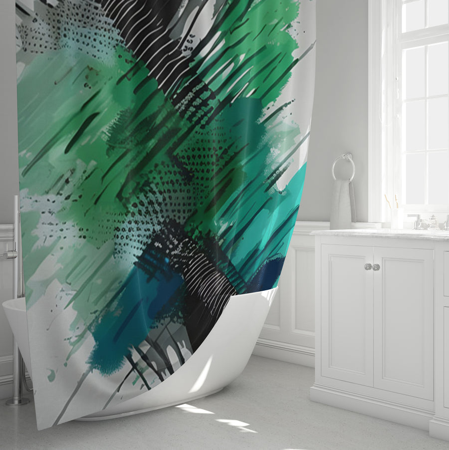 Green and Black Brushstroke Abstract Pattern Shower Curtain